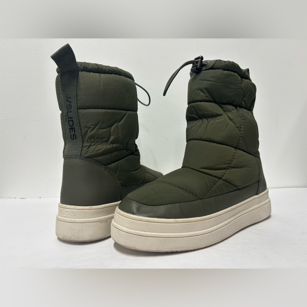 J/SLIDES Olive Green Mickie Quilted Puffer Waterproof Boots Women’s Size 8